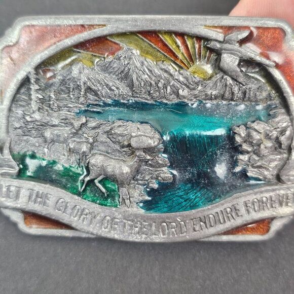 Siskiyou Belt Buckle Religious Enamel Wilderness Outdoor Scene 80s Pewter Vtg - Picture 10 of 11
